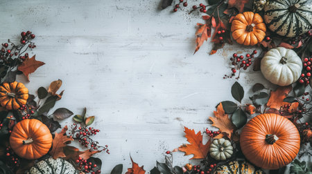 Autumn composition. Dried leaves, pumpkins, flowers, rowan berries on white background. Autumn, fall, halloween, thanksgiving day concept. Flat lay, top view, copy spaceの素材