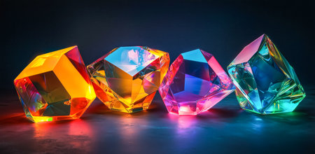 Colorful crystal shapes illuminated against a dark background create an enchanting visual displayの素材