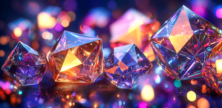 Sparkling crystals scattered on a vibrant surface creating a colorful display of light and reflectionの素材