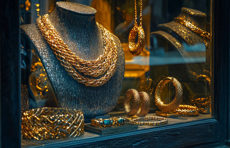 Elegant gold jewelry displayed in a shop window highlighting intricate designs and craftsmanship in a bustling city streetの素材