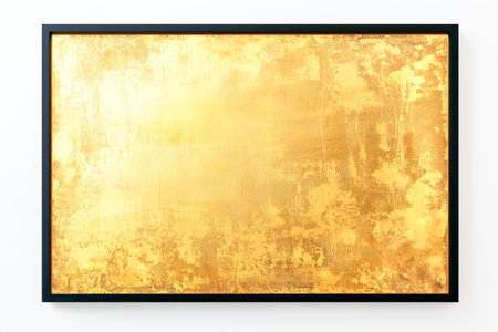 Golden abstract art piece displayed in a contemporary gallery setting with bright lightingの素材