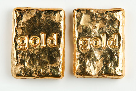 Shiny gold bars stacked together showcasing their smooth surface and gleaming finish in a well-lit settingの素材