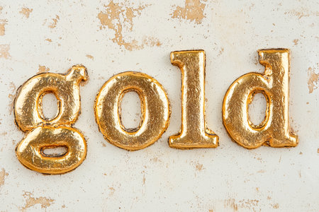 Decorative golden letters spelling out the word gold against a textured white backgroundの素材