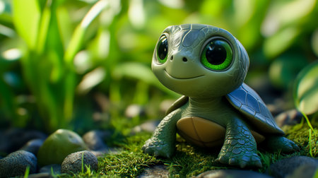 Cute cartoon turtle smiling in a lush green environment with vibrant foliage and pebbles surrounding itの素材