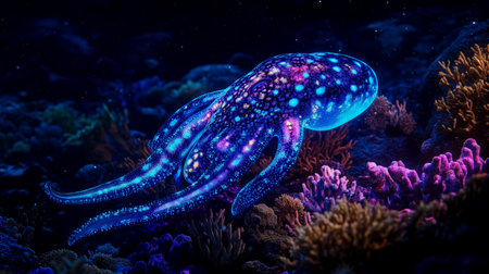 Colorful bioluminescent octopus swimming near vibrant coral reefs at nightの素材