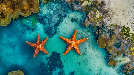 Starfish resting on a beautiful coral reef surrounded by clear turquoise water in a tropical settingの素材