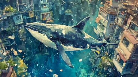 Whale gliding through a vibrant underwater city filled with colorful buildings and marine lifeの素材