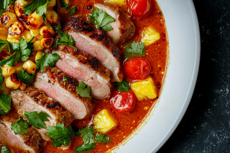 Delicious grilled duck breast served with spicy sauce, cherry tomatoes, and pineapple on a white plateの素材