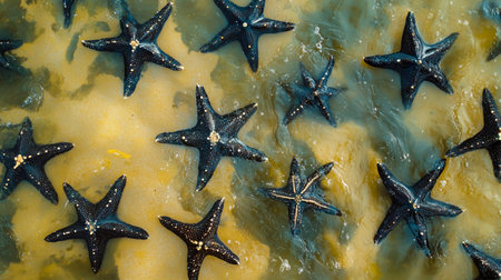 Starfish populate the sandy ocean floor at low tide, showcasing a vibrant coastal ecosystem with gentle wavesの素材