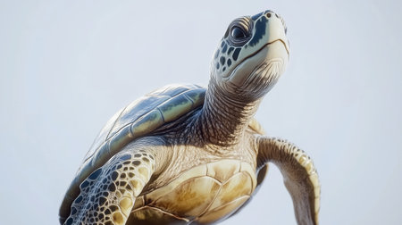 Realistic depiction of a turtle swimming in clear blue ocean waters during a sunny dayの素材