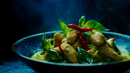 Delicious chicken curry with fresh herbs and chili displayed in a dark settingの素材