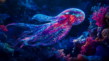 Colorful glowing octopus floating through a vibrant coral reef at night in a deep ocean environmentの素材