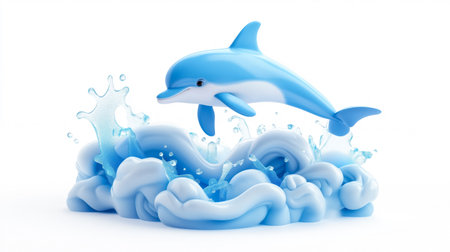 Dolphin jumps gracefully above blue waves in a playful marine sceneの素材
