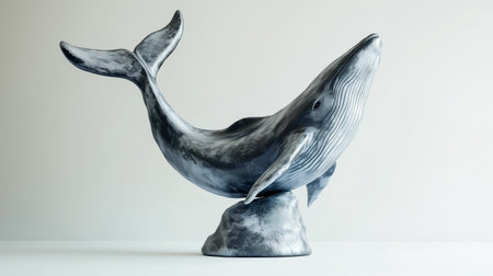 Whale sculpture portrays grace and beauty with meticulous detail in a serene indoor settingの素材