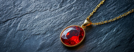 Elegant gold necklace featuring a stunning red gemstone pendant on a dark textured surfaceの素材