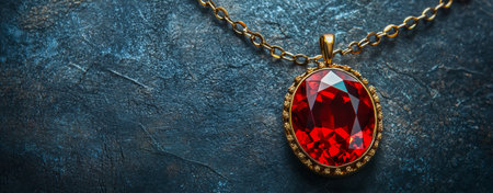 Gold necklace with a large ruby pendant showcased on a textured blue backgroundの素材