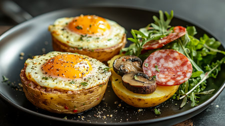 Deliciously baked potato cups with eggs, mushrooms, and fresh salad served on a sleek black plateの素材
