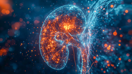 Digital representation of a human kidney showcasing neural connections and glowing particles in a vibrant, abstract styleの素材