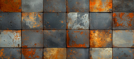 Textures of corroded metal tiles showcasing rusty and weathered surfaces in various shades of gray and orangeの素材