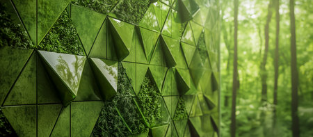 Decorative green wall with geometric patterns in a lush forest setting during daylightの素材