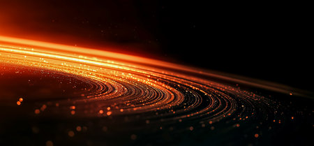 Streaks of light swirl creating an abstract display of vibrant orange tones in a dark settingの素材