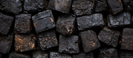 Darkly textured coal blocks stacked tightly in an industrial setting showcasing their rough surfaces and varying shapesの素材
