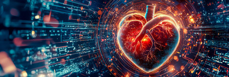 Heart illuminated with digital circuits represents technology and health in a futuristic settingの素材