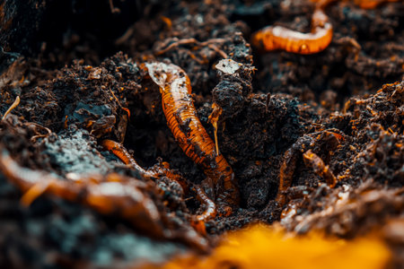 Worms thriving in rich soil, enhancing garden health during warm spring afternoonの素材