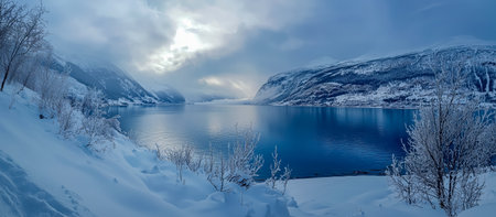 Snow-covered landscape at a serene fjord reflecting a cloudy sky during winter in Norwayの素材