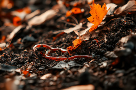 Colorful earthworms in autumn leaves on a forest floor during a sunny afternoonの素材