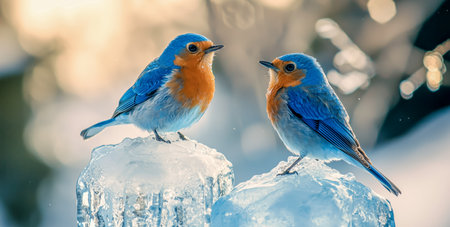 Blue birds perched on ice formations during winter sunset in a serene natural settingの素材