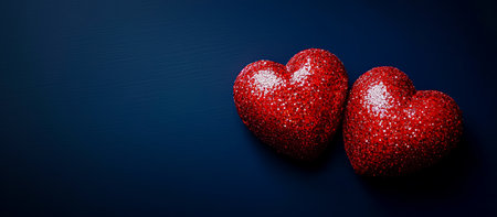 Two shimmering red hearts on a dark blue background, symbolizing love and affection for Valentine's Day celebrationsの素材