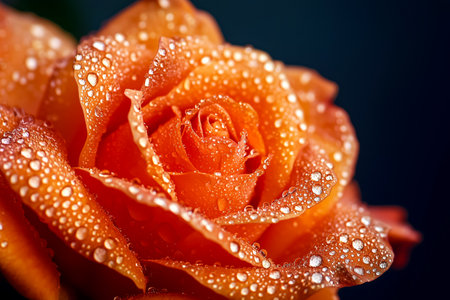 Close-up of an orange rose covered in water droplets showcasing its delicate petals and vibrant color in a natural settingの素材