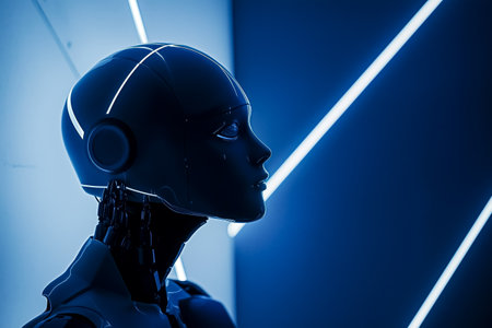 Robotic figure illuminated by blue neon lights in a futuristic environment showcasing advanced technologyの素材