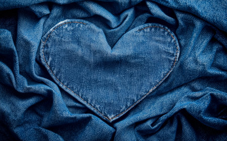 Heart shape created from denim fabric with textured folds highlights creativity and textile artの素材