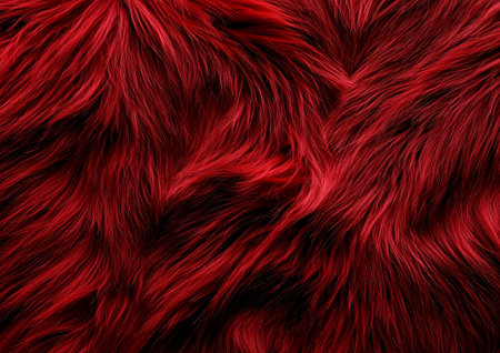 Textured red fur fabric showcasing vibrant hues and rich shades of crimson and rubyの素材