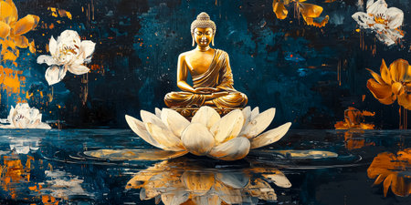 Golden Buddha statue seated on a large lotus flower surrounded by artistic floral patterns during a serene momentの素材