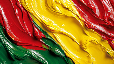 Vibrant colors swirl together showcasing artistry with dynamic red, yellow, and green huesの素材