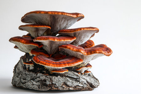 Colorful mushrooms growing on a tree trunk with distinct layers in a bright, natural settingの素材