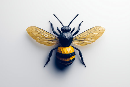 Polished 3D paper model of a bee with intricate wings and vibrant colors on a plain backgroundの素材