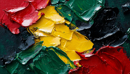 Vivid oil painting showcasing vibrant colors with a dynamic mix of red, yellow, and green hues on a textured canvasの素材