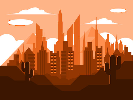 A large metropolis located in the desert against the backdrop of a mountain range. modern city. vector graphicsのイラスト素材