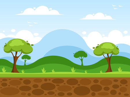 Nature landscape, background with grass, forest, mountains and sky. vector graphicsのイラスト素材