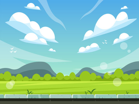 Cartoon morning summer landscape. Green field against the blue sky and white clouds. mountain background. vector graphicsのイラスト素材