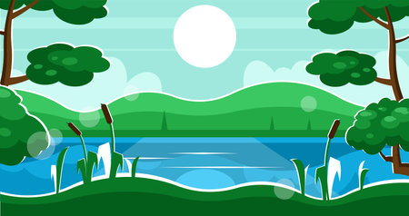 Summer rural landscape with river, trees and reeds. vector graphicsのイラスト素材
