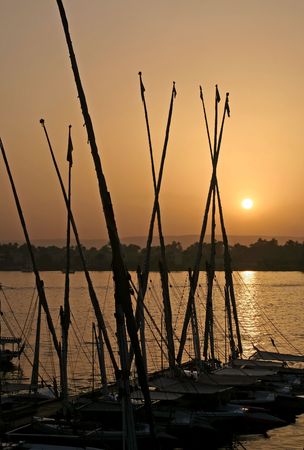 Boats at the bank of Nile River, Egyptの写真素材