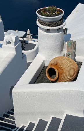Exterior of a white-washed building at Santorini Island, Greeceの写真素材