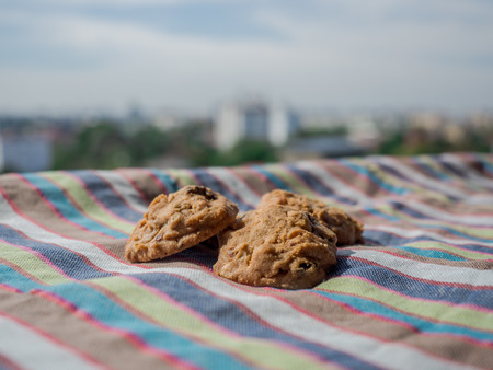 Cookies raisin and macadamia nuts on nature background and stripe fabric texture