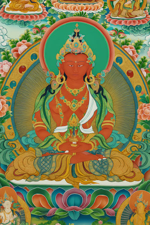 Amitayus Buddha, also known as the Buddha of Immeasurable Life, is a Mahayana Buddhist deity primarily associated with longevity and health.の素材