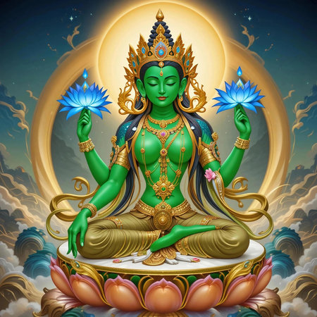 Green Tara's symbols include her green skin (vitality, active compassion), the extended right leg & folded left leg (readiness to act, connection to wisdom), a blue lotus (purity)の素材